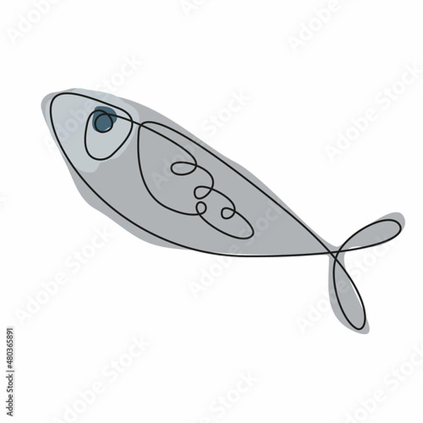 Obraz Vector doodle fish icon. Logo design template. Cute hand drawn illustration. Continuous outline sketch. Colorful