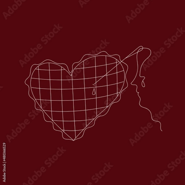 Obraz Heart pierced with a needle. Line drawing. Abstract face profile.