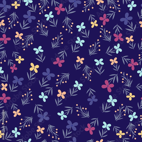 Obraz pattern small multicolored flowers on a dark blue background