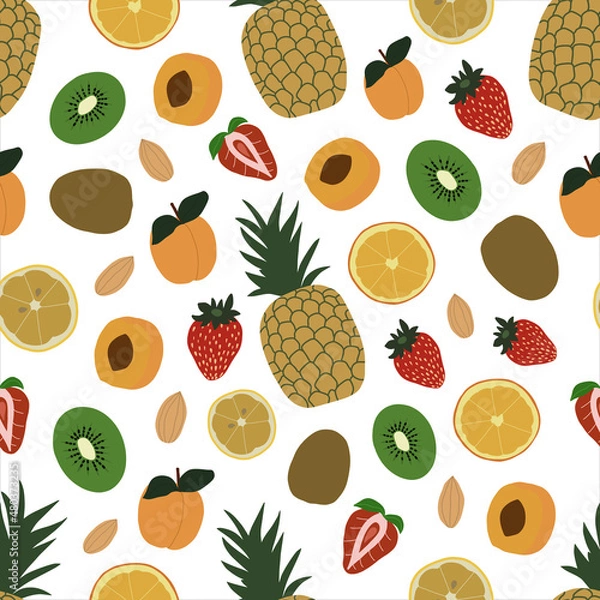 Fototapeta Seamless pattern with pineapple, orange, lemon, kiwi, apricot, strawberry and almond. Backgrounds and wallpapers for invitations, cards, fabrics, packaging, textiles, posters. Vector illustration.