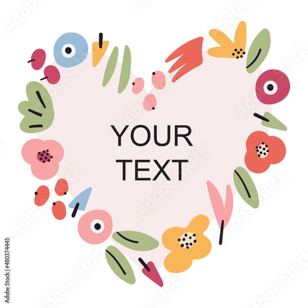 Fototapeta Cute floral vector template greeting card. Abstract pink valentine flowers, plants, berries, herbs isolated on white background. Festive bright multicolored wrapping card design