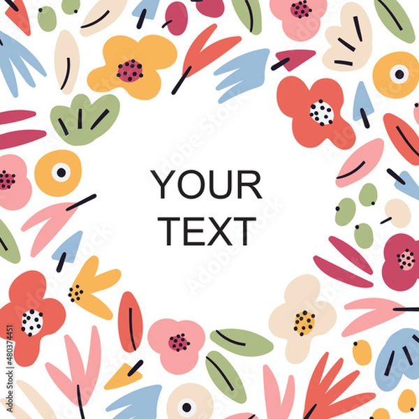 Fototapeta Cute floral vector template greeting card. Abstract pink valentine flowers, plants, berries, herbs isolated on white background. Festive bright multicolored wrapping card design