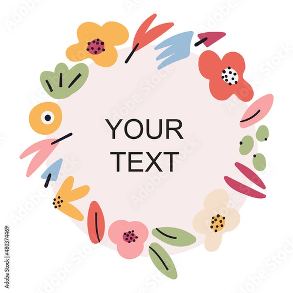 Fototapeta Cute floral vector template greeting card. Abstract pink valentine flowers, plants, berries, herbs isolated on white background. Festive bright multicolored wrapping card design