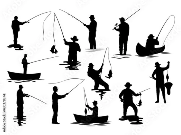 Obraz Set of silhouette fisherman. Collection of fishing man on the waves and of the boat. Emblem for fishing clubs. Vector illustration of sport hobby on white background.