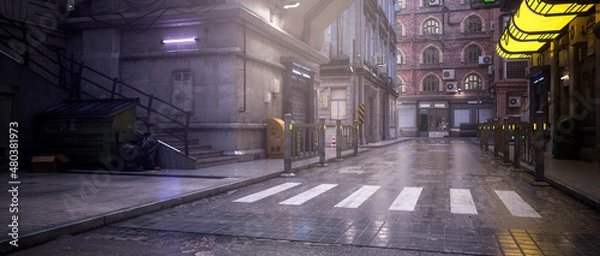 Fototapeta Wide panoramic view of a dark moody empty city centre street at night. Noir concept 3d rendering.