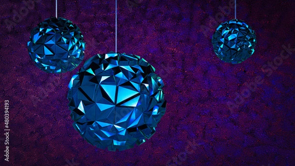 Fototapeta 3D render of composition with bright low poly shiny balls for christmas and new year