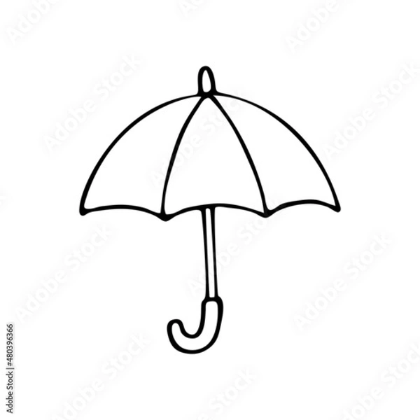 Fototapeta Open umbrella cane doodle. Rainy weather protection. Vector hand drawn meteorological forecast symbols. Rain season. Thin line web design icon.