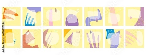 Fototapeta Set of fourteen abstract isolated backgrounds. Hand drawn various shapes and doodle objects. Modern contemporary trendy vector illustration. Nice trendy colors. Stock illustration. Copy space