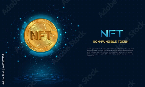 Fototapeta NFT non fungible token concept with dark blue technology background.Digital currency money.Futuristic technolofy.