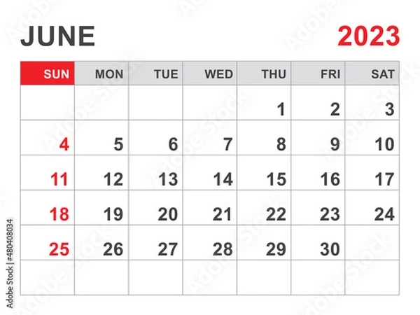 Fototapeta Calendar 2023 template, June 2023 layout, Printable minimalist monthly planner, Desk Calendar 2023 template, Wall calendar 2023 design, Week Start On Sunday, Stationery, printing, red color, vector