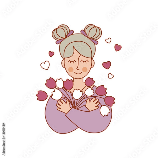 Fototapeta A girl with a festive spring bouquet. valentine's day. Vector illustration. The concept of a cartoon character. The pattern is suitable for prints, postcards, stickers.
