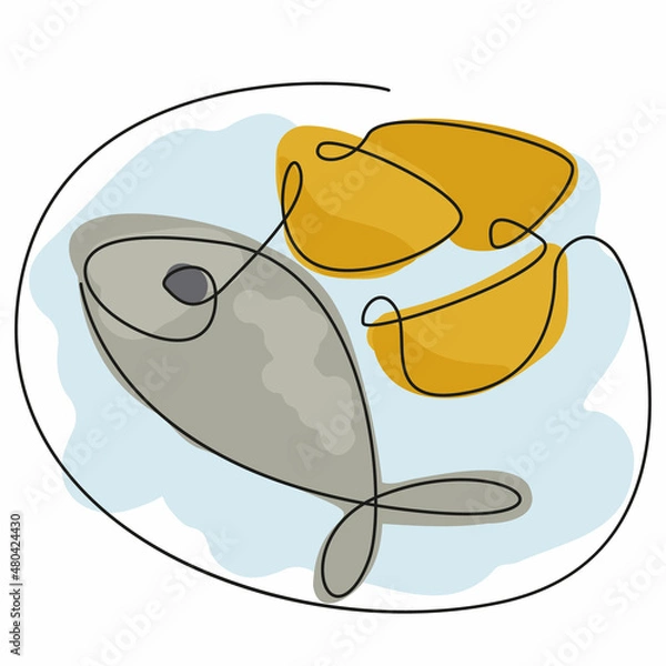 Obraz fish and chips on a plate on white background. Continuous line doodle illustration. Colorful sketch