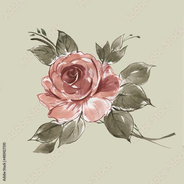 Fototapeta  Abstract illustration drawn on paper with paints decorative beautiful rose