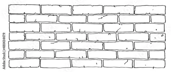 Fototapeta Brick stone wall. Outline sketch. Hand drawing is isolated on a white background. Vector