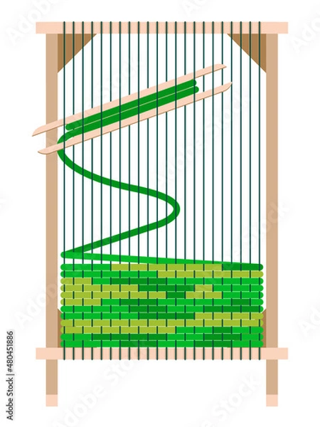 Obraz Vector graphics - rectangular wooden loom with stretched threads and rows of green yarn for hand carpet weaving isolated on a white background. Concept - home hobby and needlework
