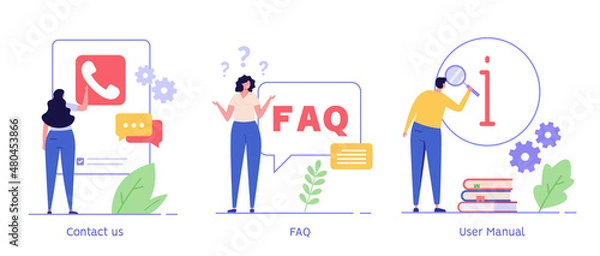 Fototapeta Woman calling support service. User finding answer in faq. Man reading user manual. Set of contact us, user guide, faq, questions and answers. Collection of vector flat illustration for banner, UI