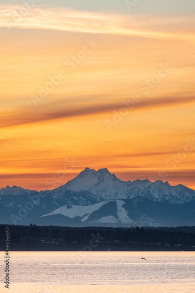 Fototapeta Sun sets over Puget Sound and the Olympic Mountains with colorful skies and a fishing pier