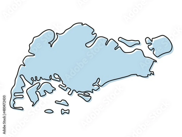 Obraz Stylized simple outline map of Singapore icon. Blue sketch map of Singapore  illustration