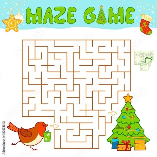 Fototapeta Christmas Maze puzzle game for children. Maze or labyrinth game with Christmas Bird.