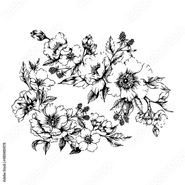 Obraz hand drawn illustration of flower wreath in engraved style, isolated on white background