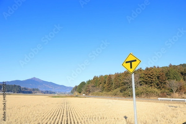 Obraz 日本にあるこの先にT字交差点があることを表す道路標識