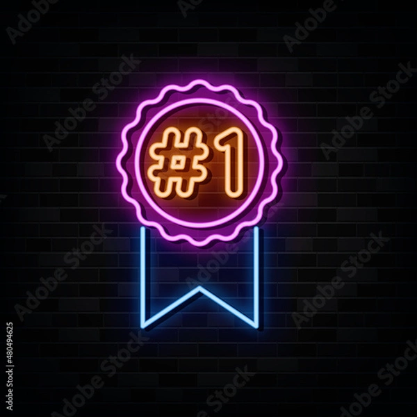 Obraz Number 1 winner ribbon neon sign. design element. light banner. announcement neon signboard.
