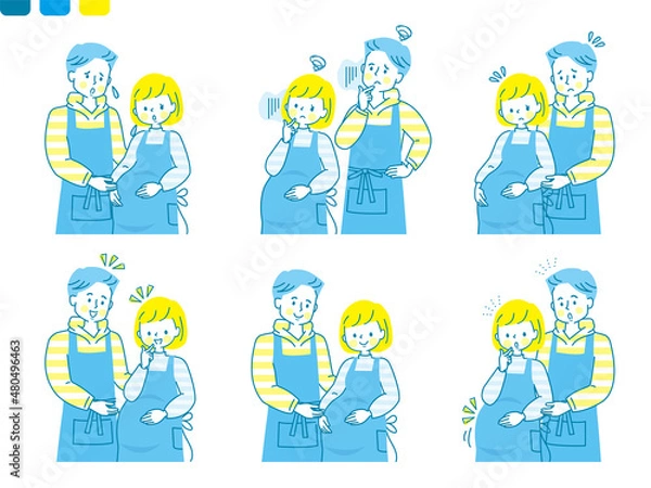 Fototapeta 心配する妊婦と寄り添う夫の表情セット