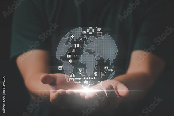 Fototapeta Businessman working on digital global internet network connection technology.
