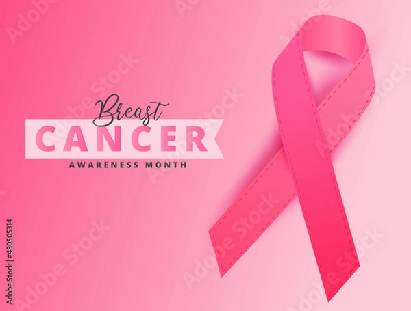 Fototapeta Breast cancer awareness month text with  pink ribbon on pink background for Breast Cancer Awareness Month concept.