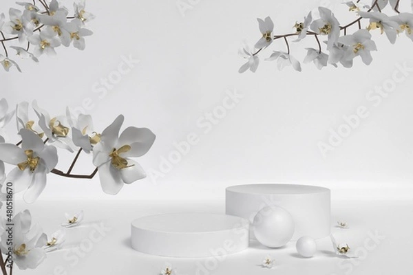 Fototapeta Abstract minimal scene, white color design for cosmetic or product display podium 3d render.	