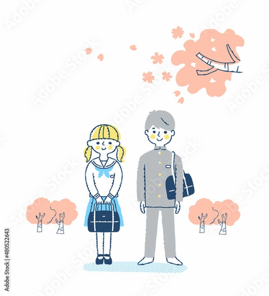 Fototapeta 中学生の男女と桜