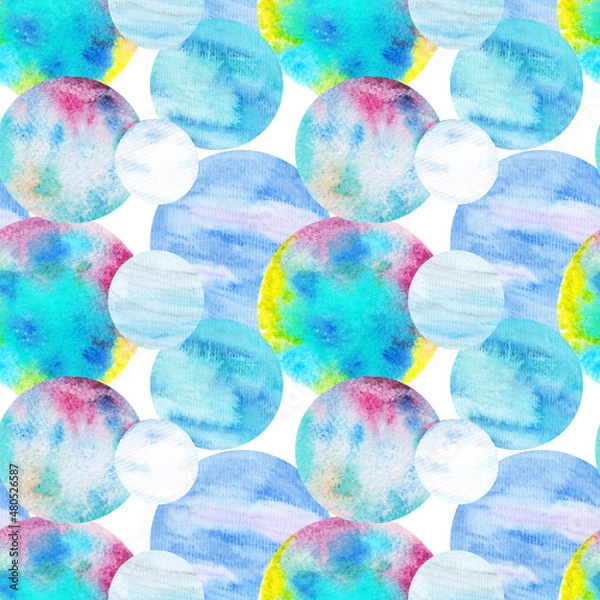 Fototapeta Abstract seamless watercolor pattern, various geometric elements are made by hand in blue colors on a white background. 