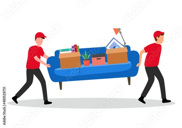 Obraz Man in uniform carrying sofa and furniture in flat design on white background. Moving house service concept vector illustration.