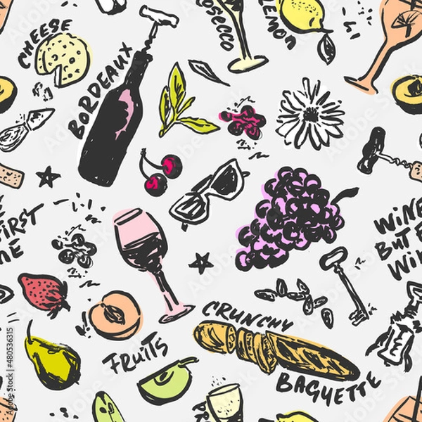 Fototapeta Summer Picnic - Wine, Fruits and Cheese Vector Seamless Pattern. Food Hand Drawn with a Brush with Written Names. Design for Cafe Menu Cover, Flyer, Brochure, etc.