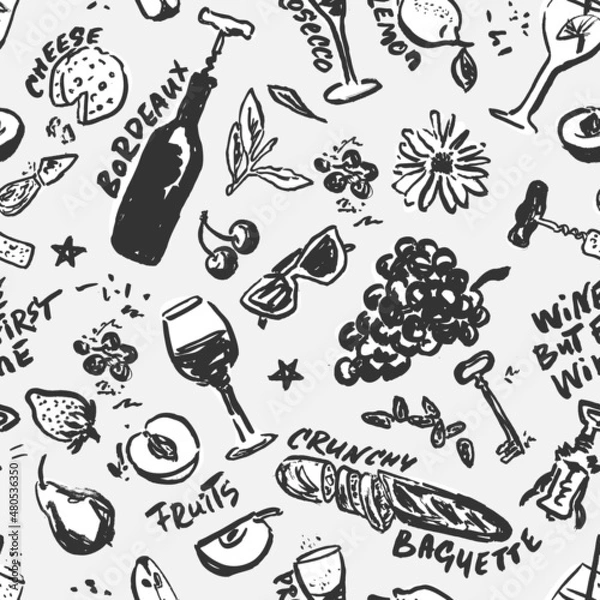 Fototapeta Summer Picnic - Wine, Fruits and Cheese Vector Seamless Pattern. Black and White Food Hand Drawn with a Brush with Written Names. Design for Cafe Menu Cover, Flyer, Brochure, etc.