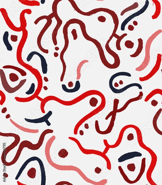 Fototapeta Abstract Wavy Seamless Pattern. Red Hand Drawn with a Brush Ribbons and Dots. Trendy Vector Design for Fabric, Wrapping Paper, Gift Cards etc.