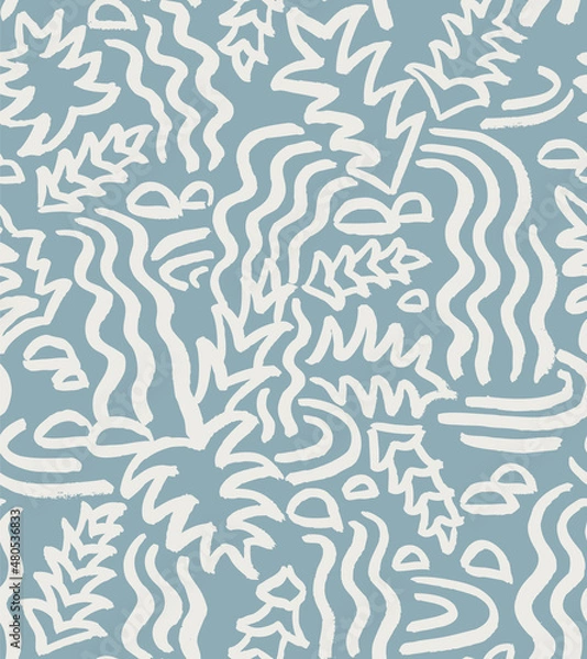 Fototapeta Tropical Waterfall Hand Drawn with a Brush Vector Seamless Pattern.Water and Jungle Leaves Design for Fabric, Wrapping Paper, Gift Cards etc.