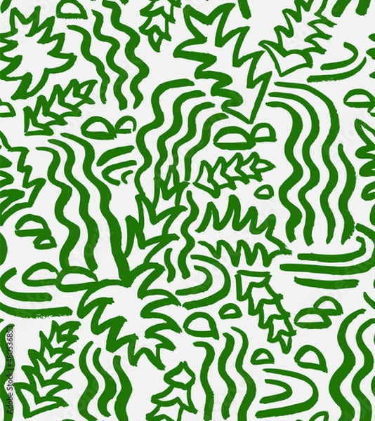 Fototapeta Tropical Waterfall Hand Drawn with a Brush Vector Seamless Pattern.Water and Jungle Leaves Design for Fabric, Wrapping Paper, Gift Cards etc.