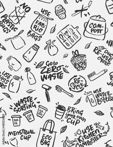 Fototapeta  Zero Waste Eco Concept. Black&White  Sustainable Lifestyle Icons and Lettering. Hand Drawn  with a Brush Seamless Pattern. 