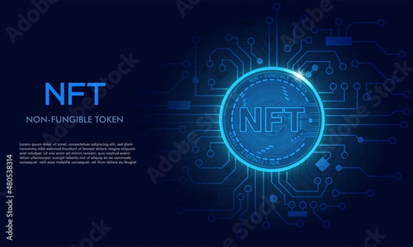Fototapeta Non fungible token NFT.Technology background with circuit.NFT logo dark blue.Crypto currency concept.