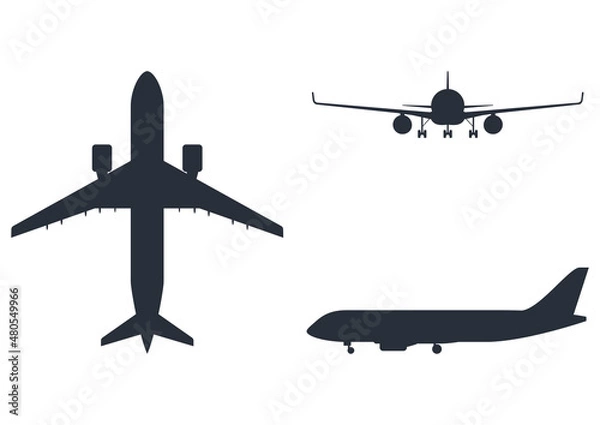 Fototapeta Airplane silhouette, icon. Top, front, side views. Vector illustration.