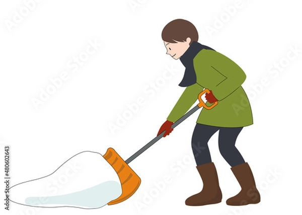 Fototapeta イラスト素材：笑顔で雪かきをしている女性