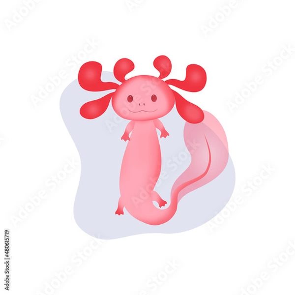 Fototapeta A cute pink axolotl floats in a drop of water and waves its fin. Vector image of a rare amphibian creature.