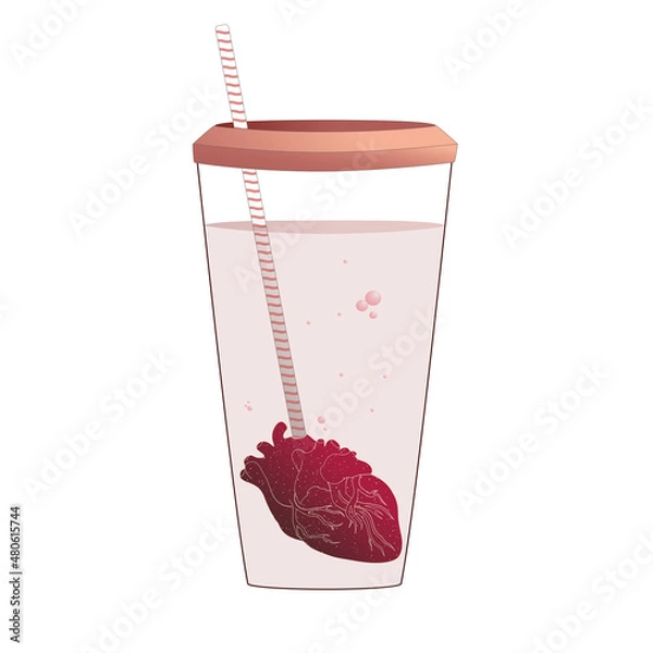 Fototapeta A drink from the heart in a glass that is pierced by a straw. Vector illustration.