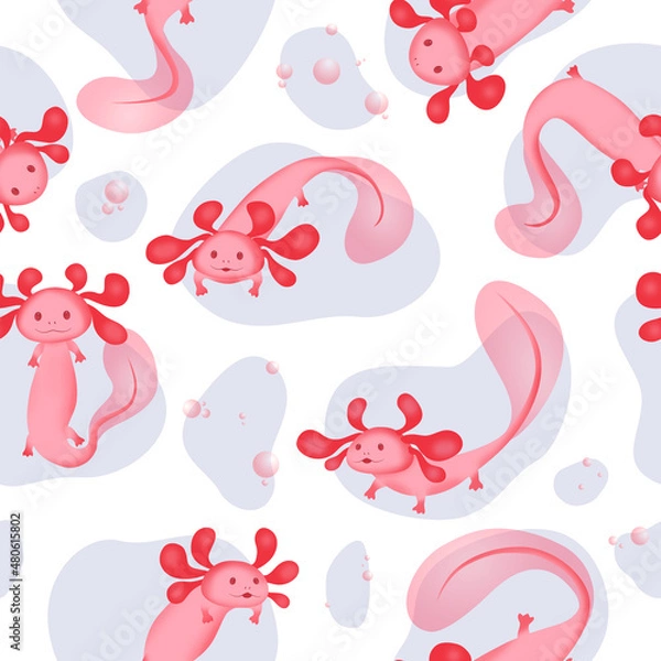 Fototapeta A cute seamless pattern of pink axolotls floating in water drops. A cute pink axolotls floats in a drop of water and waves its fin. Vector image of a rare amphibian creature.