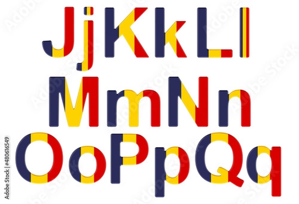 Fototapeta Letters with Romanian flag. J, K, L, M, N, O, P uppercase and lowercase letters. 3D rendering