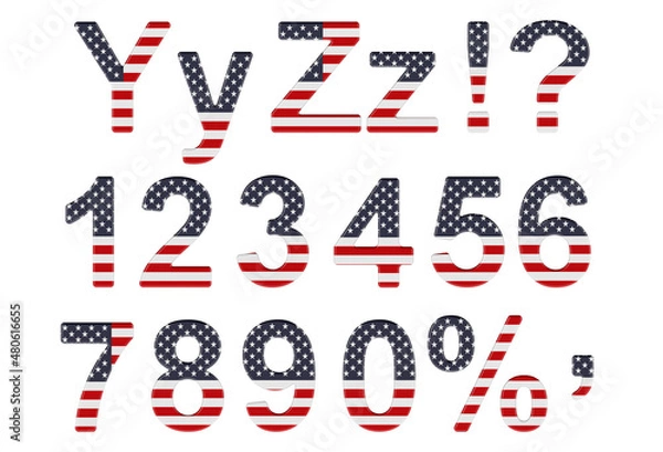 Fototapeta Letters, numbers and punctuation marks with the United States flag. Y, Z, 1, 2, 3, 4, 5, 6, 7, 8, 9, 0. 3D rendering