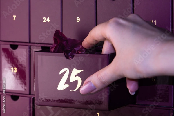 Fototapeta A woman's hand opens cell number 25 in the advent calendar. A gift wrapped inside a purple advent calendar. A Christmas gift.