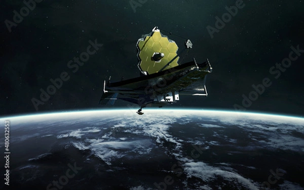 Obraz The James Webb telescope orbiting planet Earth. JWST launch art. Elements of image provided by Nasa