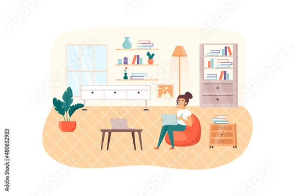 Fototapeta Designer working at home scene. Woman drawing graphics on laptop, typeset website or creates new digital product. Creative profession concept. Illustration of people characters in flat design